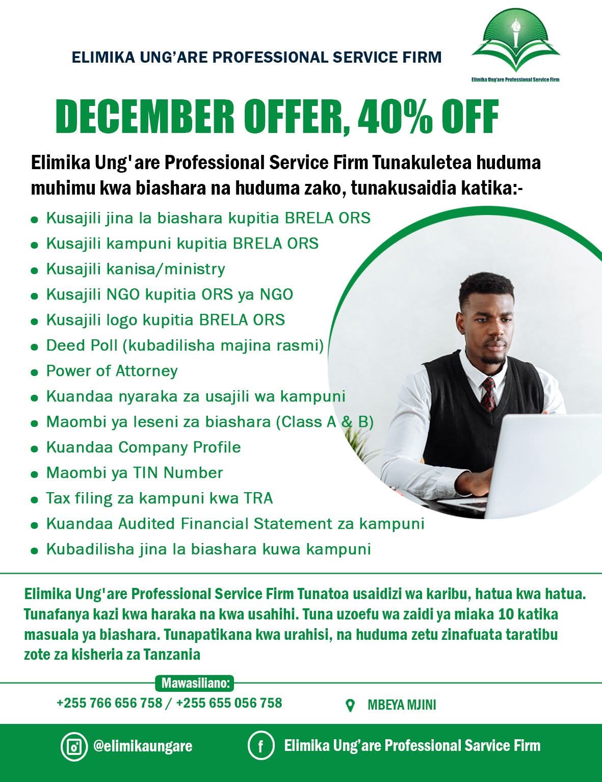 Toleo la Desemba, punguzo la 40%: usajili wa jina la biashara, kampuni, kanisa/ministry, NGO, logo, Deed Poll, Power of Attorney, leseni za biashara, TIN, tax filing na Audited Financial Statement