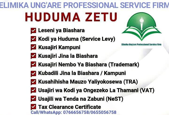 Orodha ya huduma: leseni ya biashara, kodi ya huduma, usajili wa kampuni na jina la biashara, nembo za biashara, VAT, tenda na zabuni, tax clearance certificate